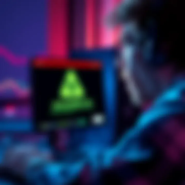 A shocked user looking at a computer screen with a malware advertisement warning on Atlas Earth platform