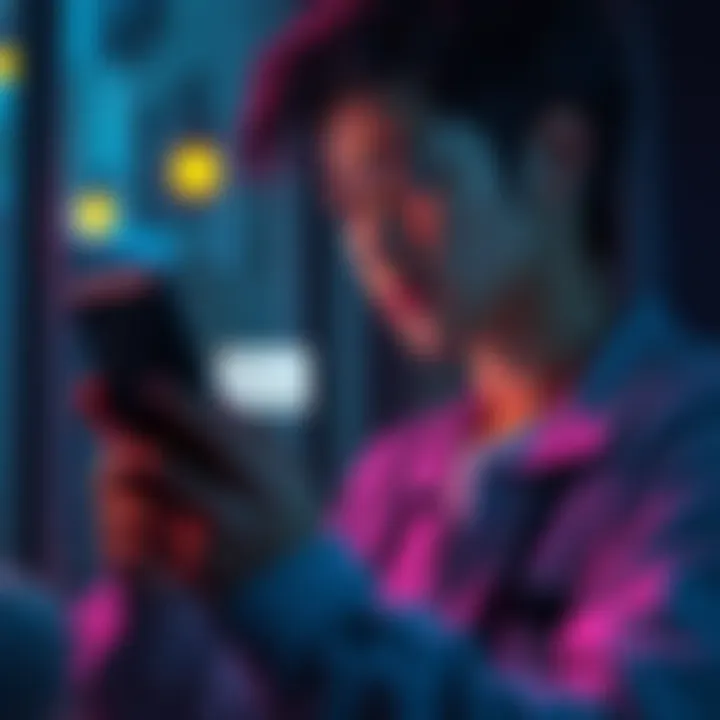 A person looking worried while checking their phone, with a notification about rent balance changes on the screen