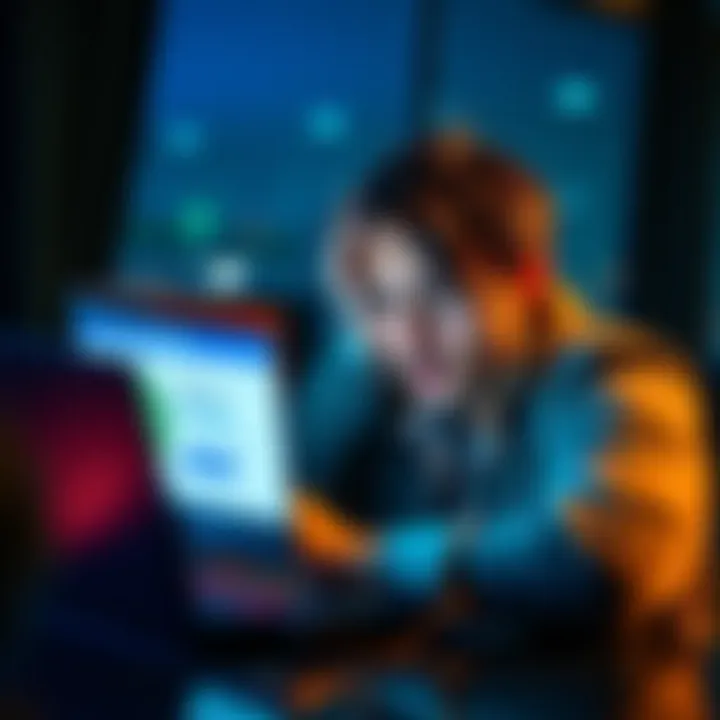 A person looks concerned while checking their bank account on a laptop, showing a notification about a deposit hold.