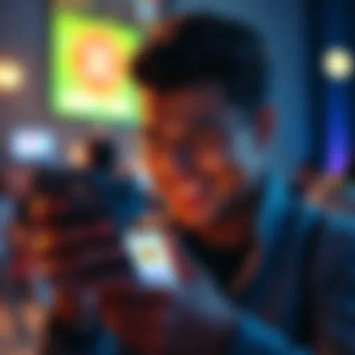 A person smiling while looking at a phone showing a $5 credit notification