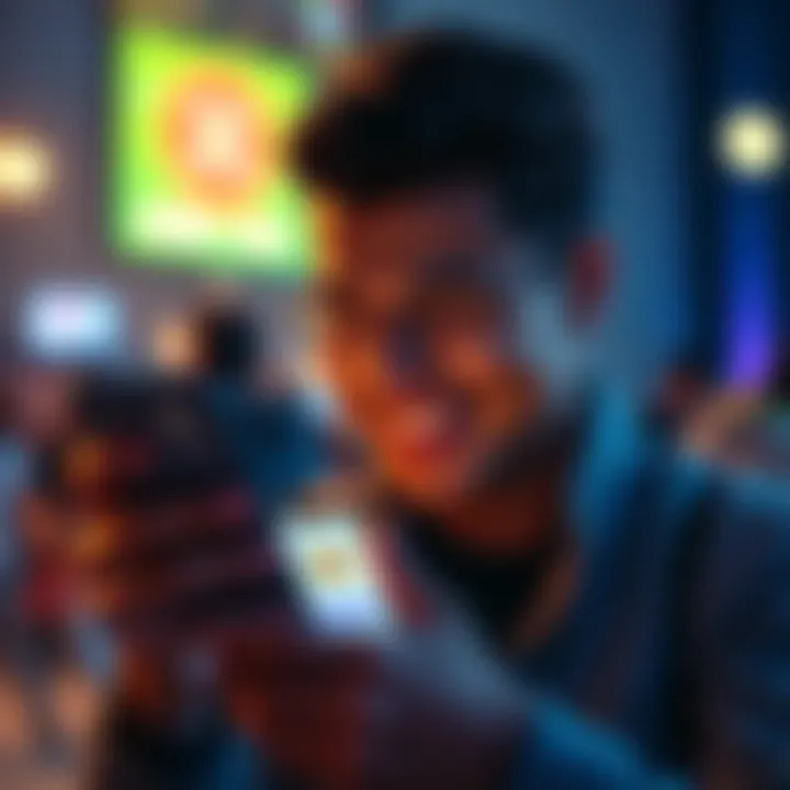 User receiving reward A person smiling while looking at a phone showing a $5 credit notification