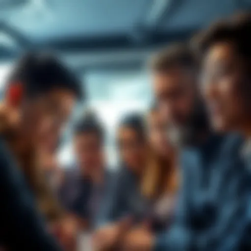 A group of people looking frustrated and sharing their negative experiences about an online platform