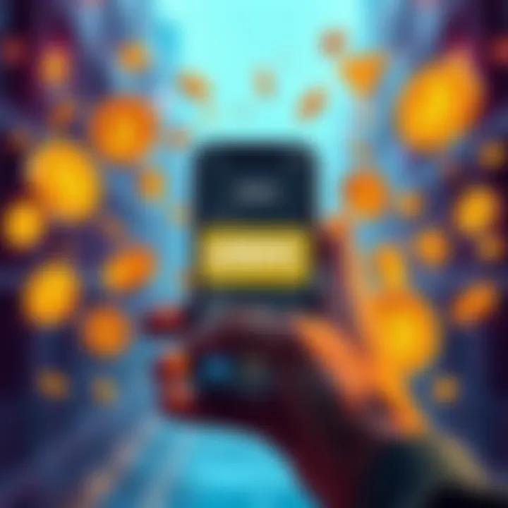 A person holding a smartphone displaying the Solana wallet with USDC balance, surrounded by digital currency symbols.