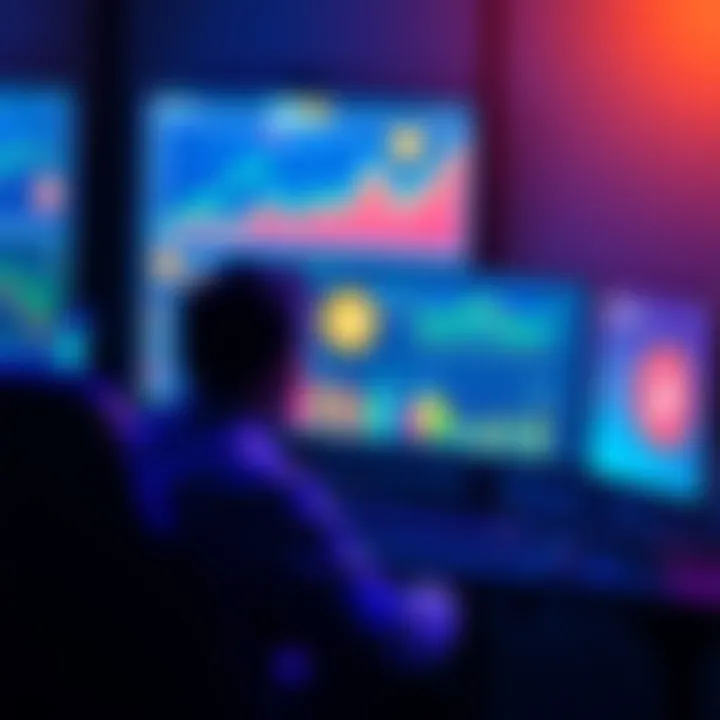 A person sitting at a computer, looking at graphs and charts related to cryptocurrency, with pi tokens displayed on the screen