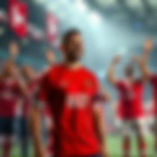 A person named Uzi stands wearing a bright red jersey, smiling, as teammates in red shirts cheer in the background, showing team spirit.