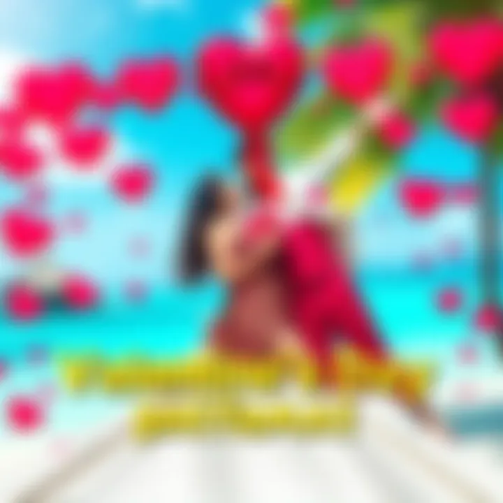 Couple celebrating Valentine's Day with gifts and a tropical background, representing the Maldives getaway and rewards.