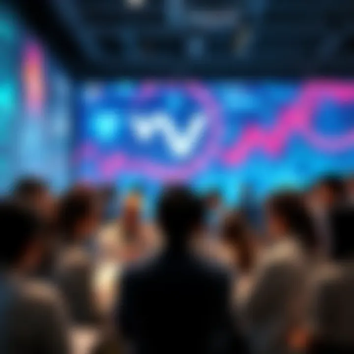 People engaged in a lively discussion about VeChain updates and features, with tech graphics in the background.