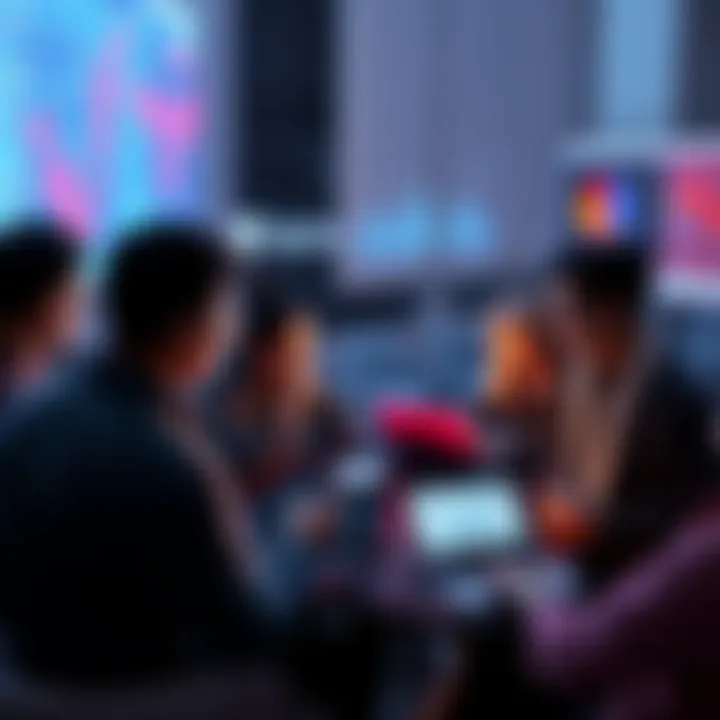 A group of people engaging in a discussion about VeChain blockchain innovations, with laptops and charts in view.