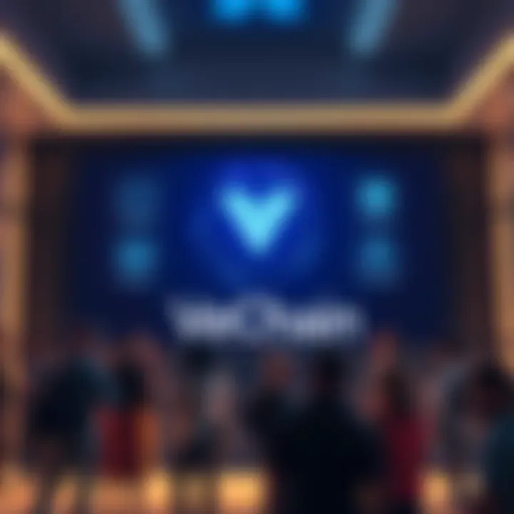 A graphic showing the VeChain logo alongside icons representing updates on VeBetter and StarGate, with people engaging in discussion