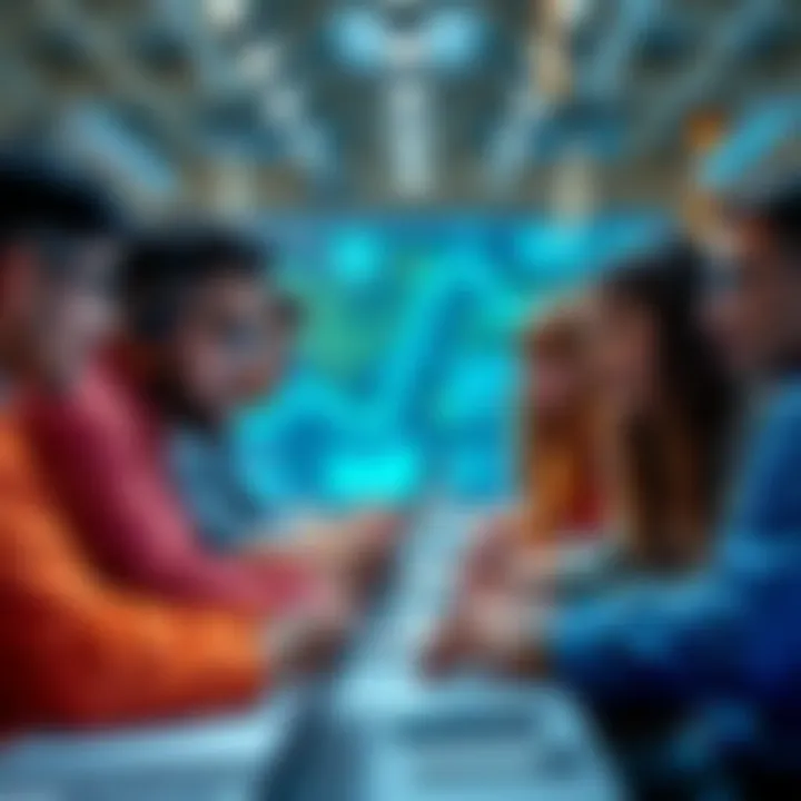 A group of diverse developers brainstorming innovative application ideas using Vechain blockchain technology in a collaborative workspace.