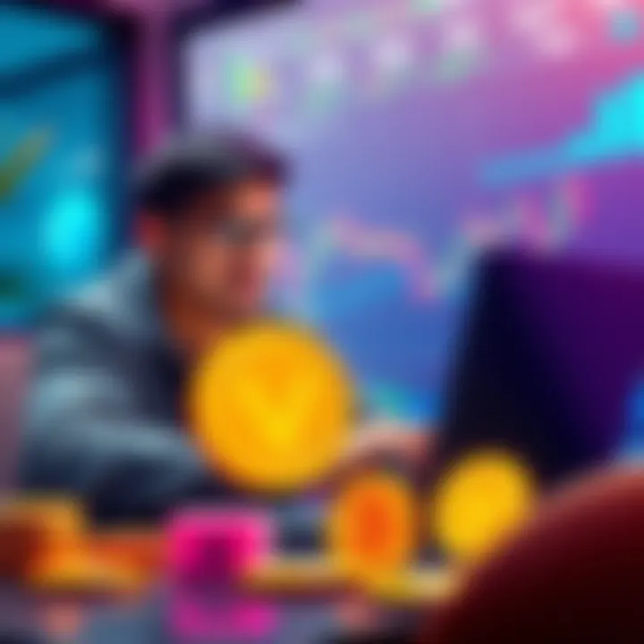 A person confidently managing their cryptocurrency investments while analyzing market trends on a laptop, with visual representations of VRA coins in the foreground.