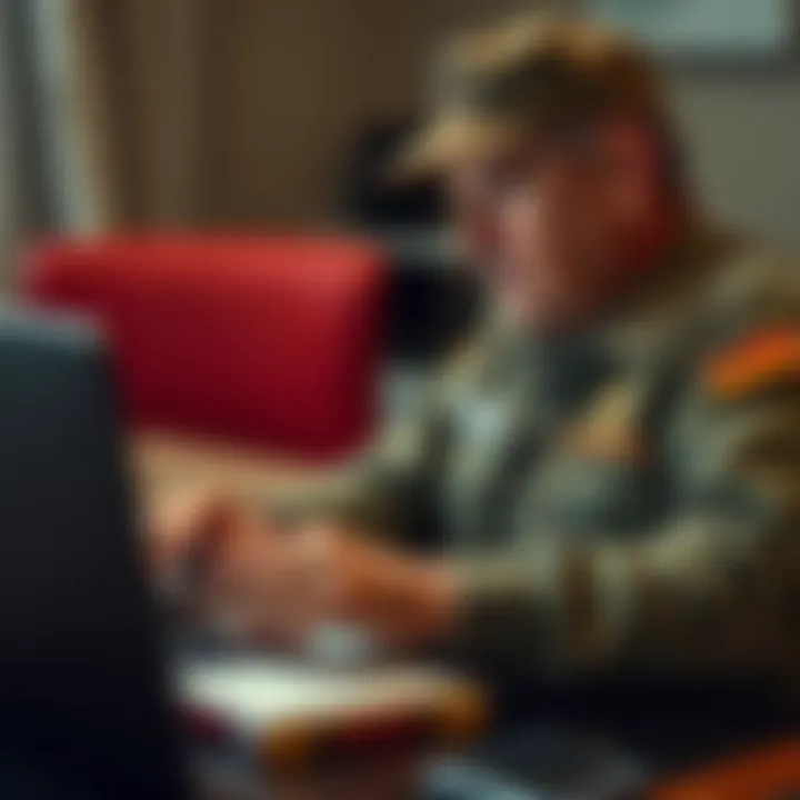 A military veteran looks thoughtfully at his financial options with a laptop open, showing graphs of cryptocurrency price trends, and a notepad with investment notes beside him.