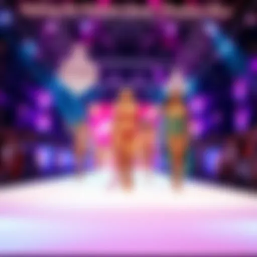 A vibrant runway showcasing models in iconic Victoria's Secret lingerie, capturing the lively atmosphere of the fashion show.