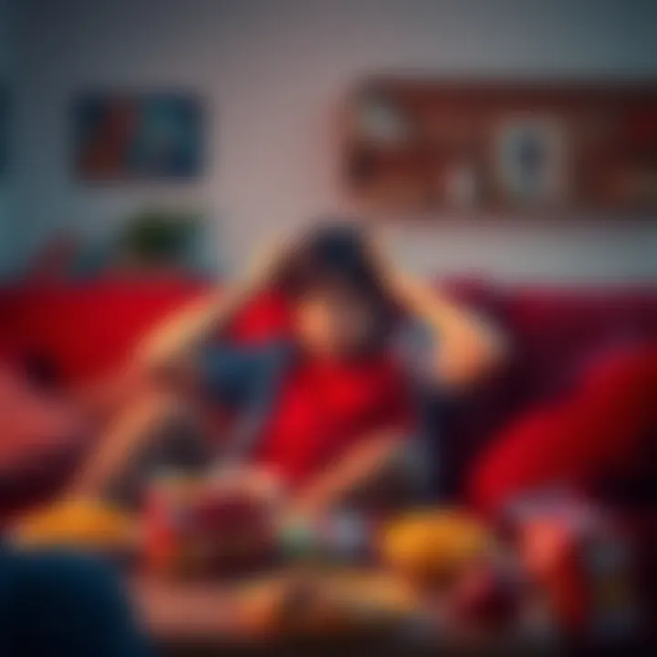 A frustrated viewer sitting on a couch, watching a dull TV show with a bored expression, surrounded by snacks