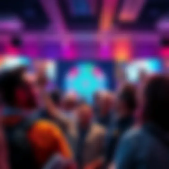 A crowd of people watching a viral ad wheel on screens with expressions of joy and excitement