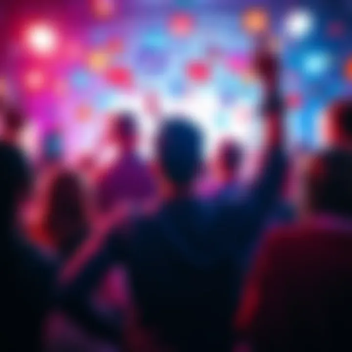 A person celebrating with friends, surrounded by social media icons and viral content symbols, showing excitement and engagement.