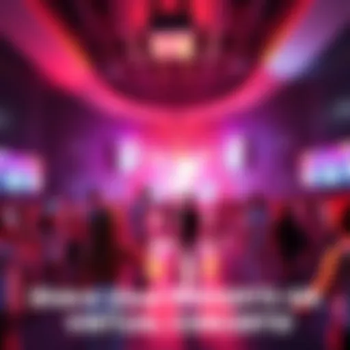 People enjoying a virtual concert in Decentraland with bright visuals and avatars dancing