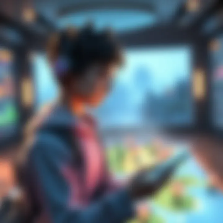 A character looking at a digital map with icons representing virtual land for sale in a game setting.