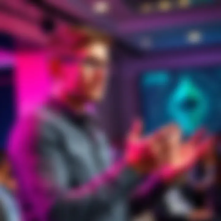 Vitalik Buterin discussing a one-click ether staking process for institutions in a conference setting