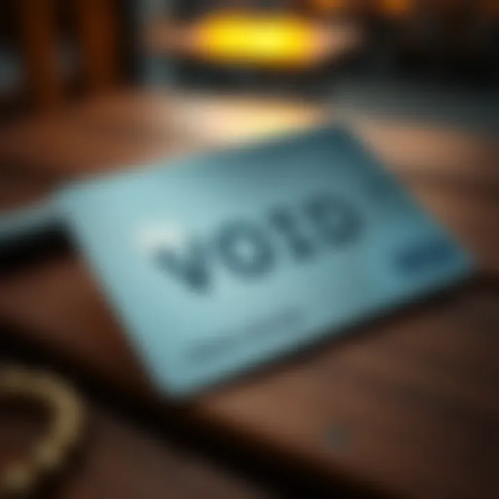 Card marked 'VOID' on a table A close-up of a credit card marked with the word 'VOID' resting on a wooden table