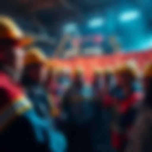 A group of people gathered, discussing plans to enhance security for mining operations. They look engaged and determined.