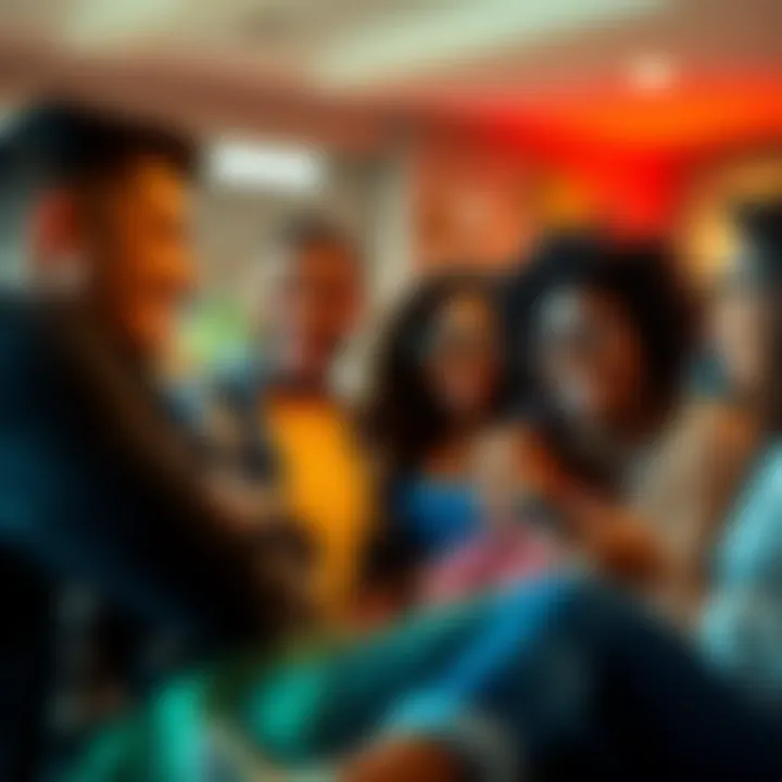 A group of diverse individuals engaging in video chat on Vooz, smiling and enjoying the conversation