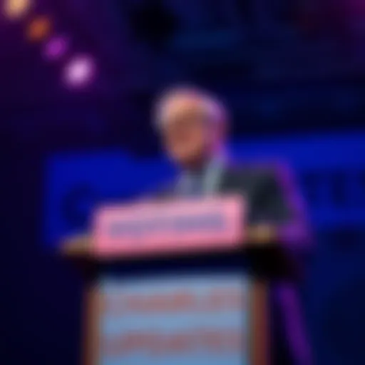 Charles Hoskinson speaking about voting developments at a podium with a banner