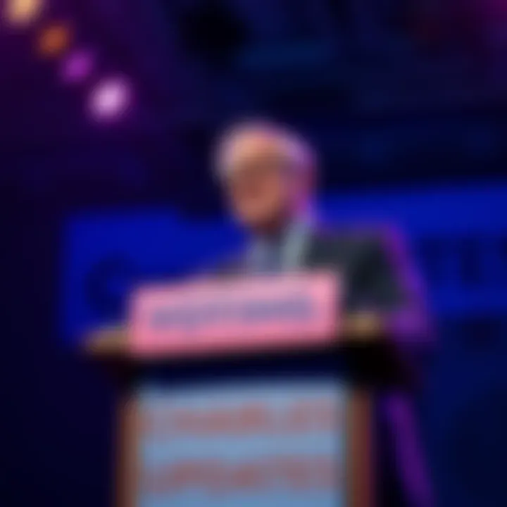 Charles Hoskinson speaking about voting developments at a podium with a banner
