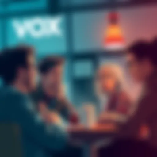 People discussing Vox's hiring at a coffee shop, showing mixed reactions and lively debate.
