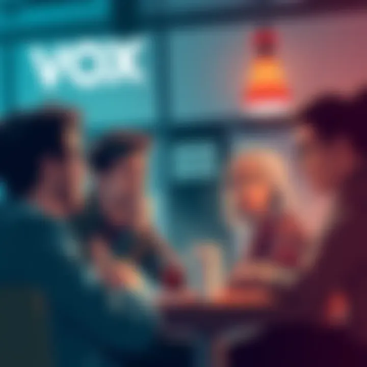 People discussing Vox's hiring at a coffee shop, showing mixed reactions and lively debate.