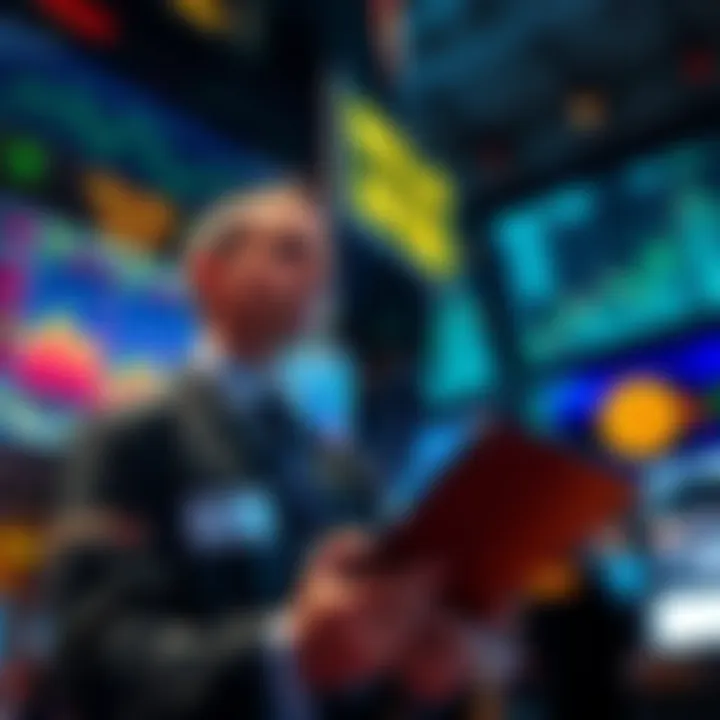 A trader on Wall Street analyzing Bitcoin trends on a digital screen, with financial charts in the background