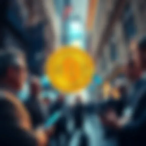 Financial experts on Wall Street analyzing Bitcoin trends with charts and graphs in the background.