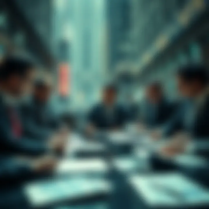 Wall Street Meeting A group of Wall Street financiers in a tense discussion, with papers and charts on the table, highlighting a serious atmosphere.