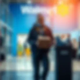 A person stands at the entrance of Walmart holding a donation box, welcoming shoppers with a smile.