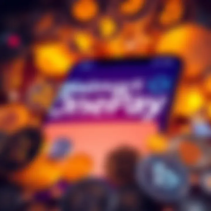 A visual representation of Walmart's OnePay app with various cryptocurrency symbols around it