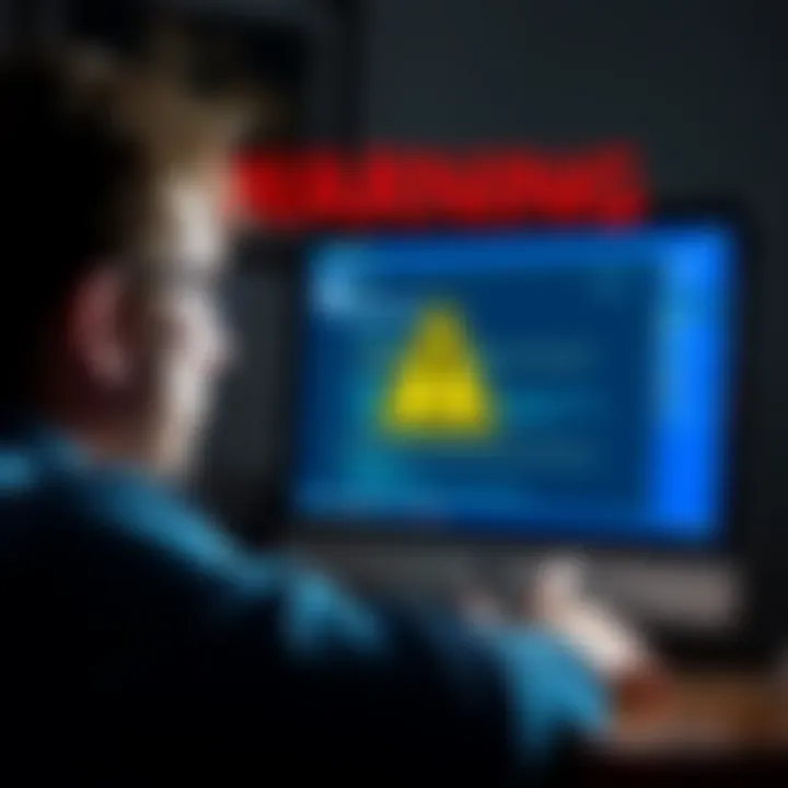 A person looking at a computer screen with a worried expression while examining a suspicious Facebook link