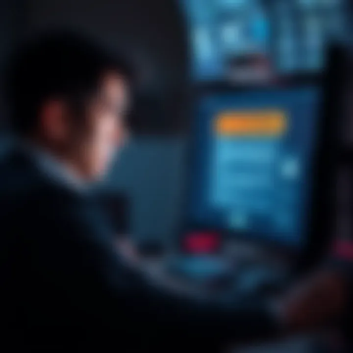 A person looking concerned while checking their inbox on a computer, with a warning sign visible on the screen.