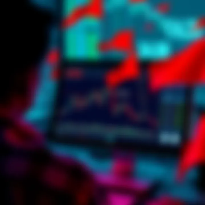 A person looking at a computer screen displaying a crypto token chart, with red flags appearing around the screen, symbolizing investment risks.