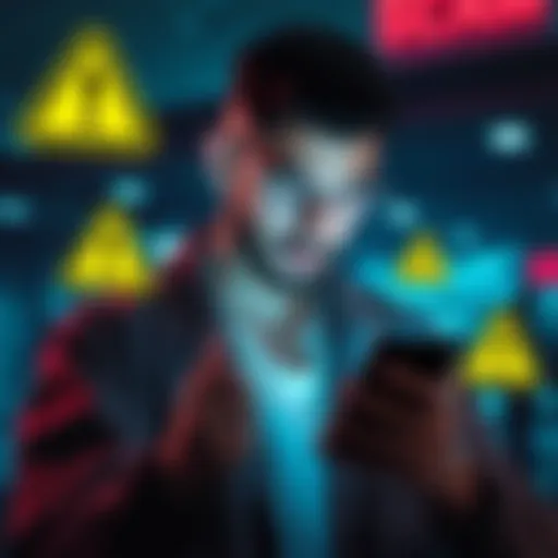 A person examining a smartphone with warning symbols around, symbolizing potential scams