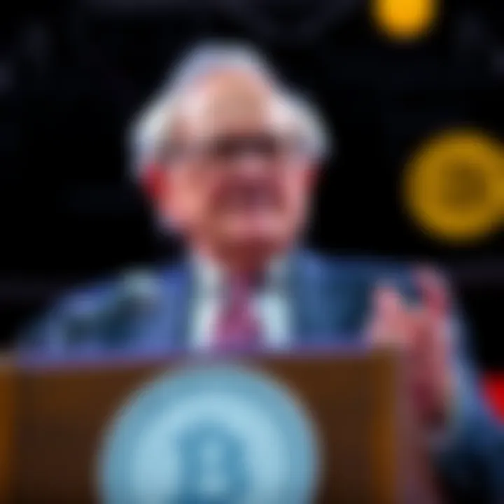 Warren Buffett speaking at a podium, expressing his opinion against investing in Bitcoin