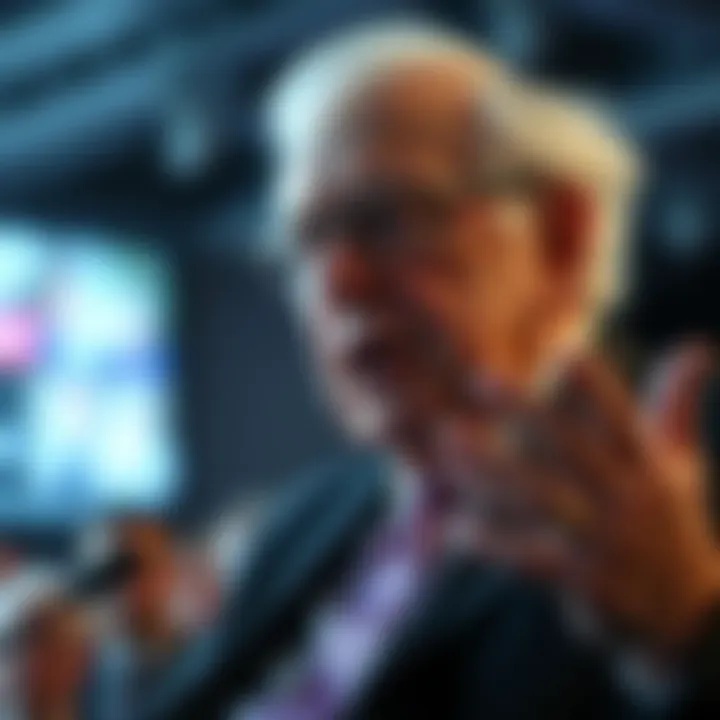 Warren Buffett Speaking Warren Buffett discussing financial topics at an event with a serious expression