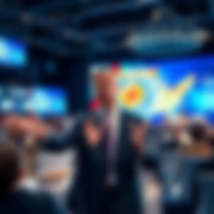 A man in a suit presenting a concept of a digital currency at a conference, highlighting its importance for U.S. economic strength