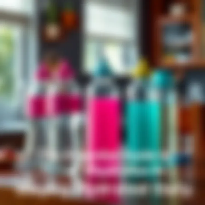 A collection of colorful water bottles placed on a kitchen table, promoting daily hydration
