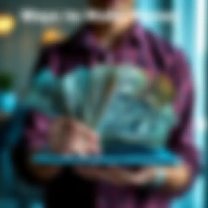 A person holding a laptop and dollar bills, showing different strategies for earning money.