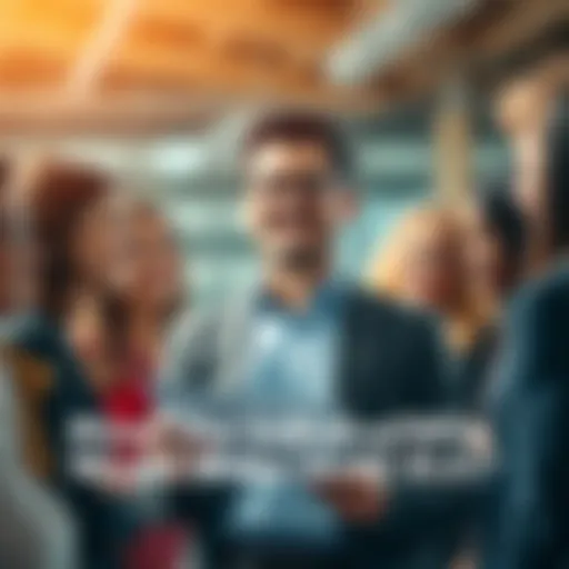 A confident individual in business attire discussing financial plans with a diverse group of people, showing excitement and engagement.