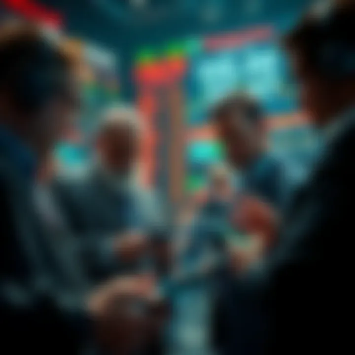 A group of wealthy individuals discussing strategies while monitoring Bitcoin prices on digital devices, showing signs of market manipulation