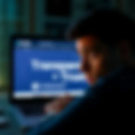 A person looking at a laptop screen displaying the words 'Transparency' and 'Trust' on a website. The expression is skeptical, suggesting doubt about the claims.