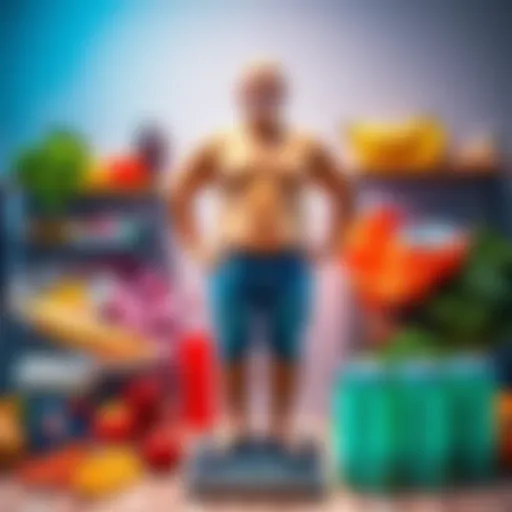 A happy person standing on a scale showing significant weight loss, surrounded by healthy food choices and zero-sugar drinks.