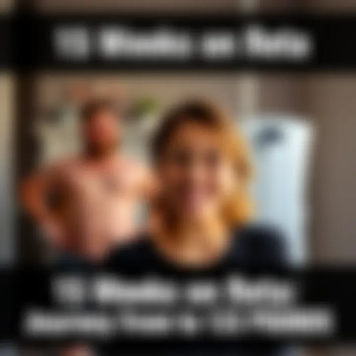 Weight loss transformation A person celebrating their weight loss journey, showing before and after images of weight loss from 165 to 133 pounds, with a happy expression and scale in the background.