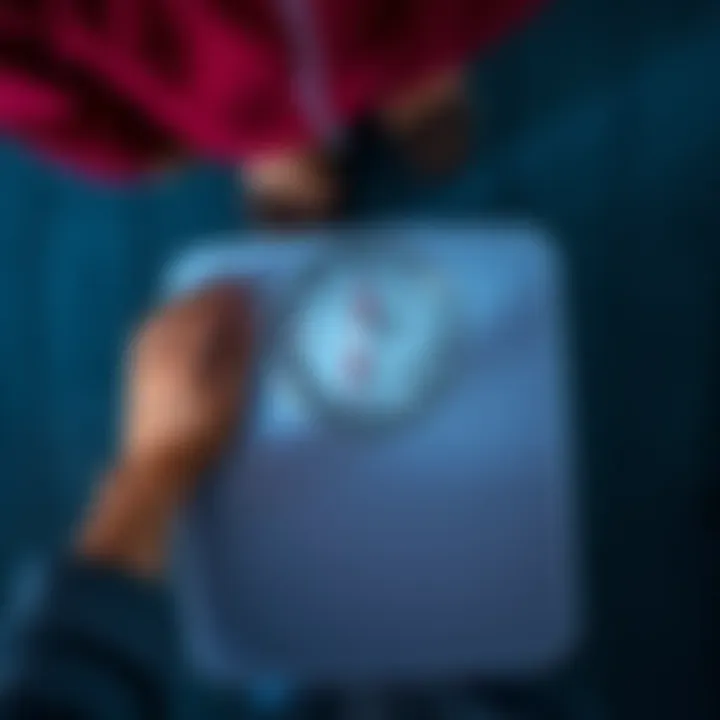 Individual standing on a weight scale, showing reflection on weight gain journey after losing significant pounds.